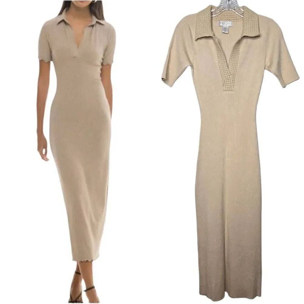 NEW Caroline Constas Ribbed Knit Crochet Collar Midi Dress Size Small